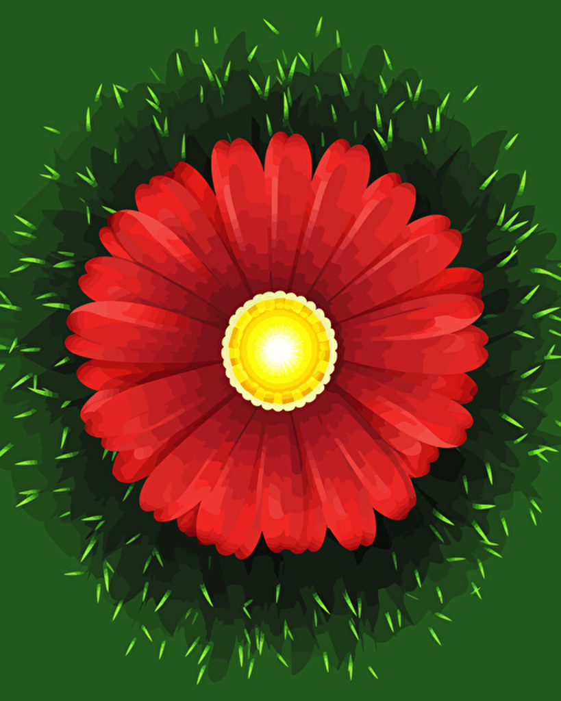 a big red flower with a yellow center surrounded by green grass. Top down. Vector illustration