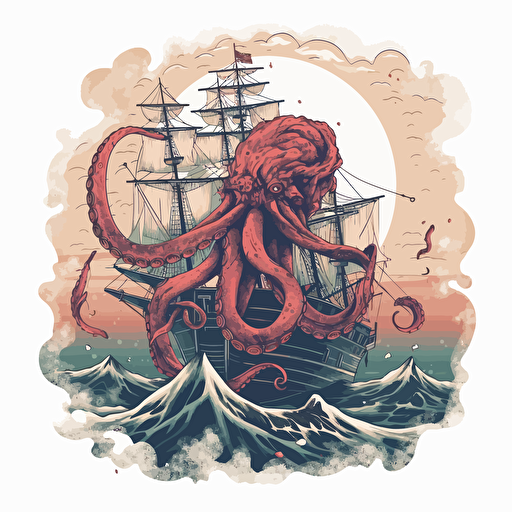 an octopus attacking a ship in a vector image with no background