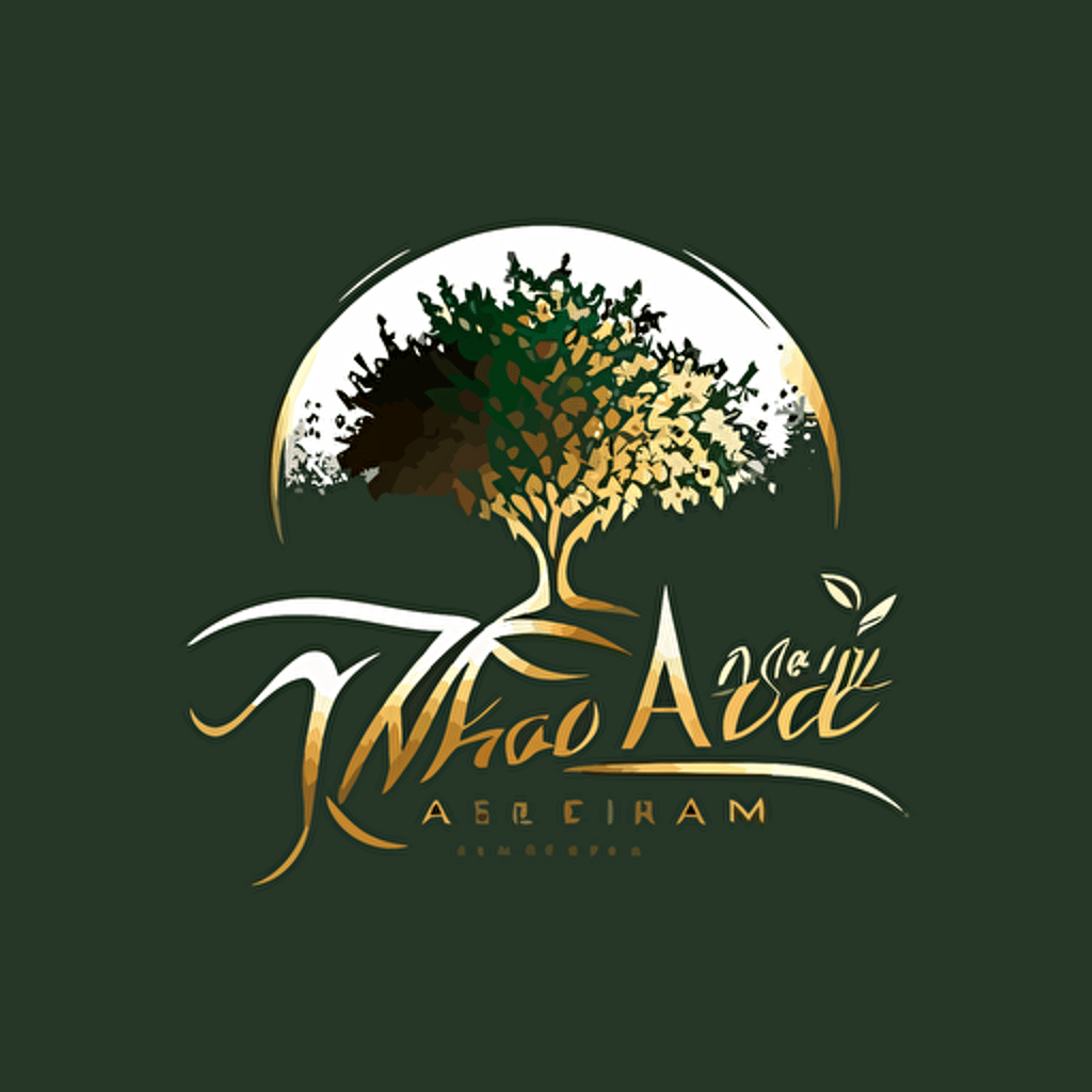 logo of a company with name "Alpha Green", arabic style lettering handwritten, with the tree growing from the middle of the name: golden letters on the white background: make it look rich and exclusive: two colors only, no shades, vector: middle east motives