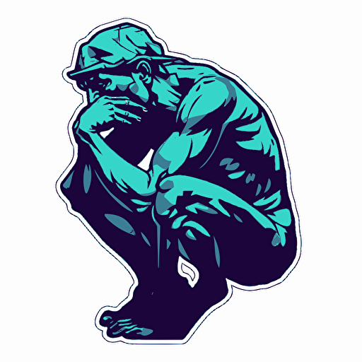 Sticker of The Thinker by Auguste Rodin, vector, in the style of Shepard Fairey, color purple teal black white, no shadow, white background