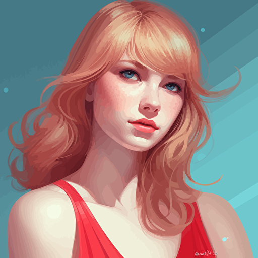 a beautiful young Taylor Swift in red dress. Brightly red blonde long hair, Clear detailed face, fair skin tone, light blue eyes. Clean Cel shaded vector art by lois van baarle, artgerm, Helen huang, by makoto shinkai and ilya kuvshinov, rossdraws, illustration