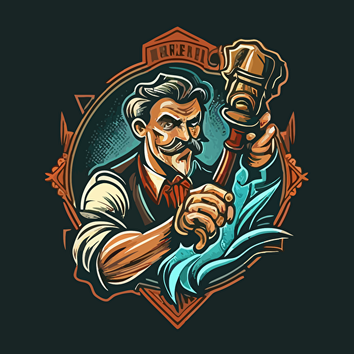 create a vector-style logo of a handyman magician with a magic wrench in his hand