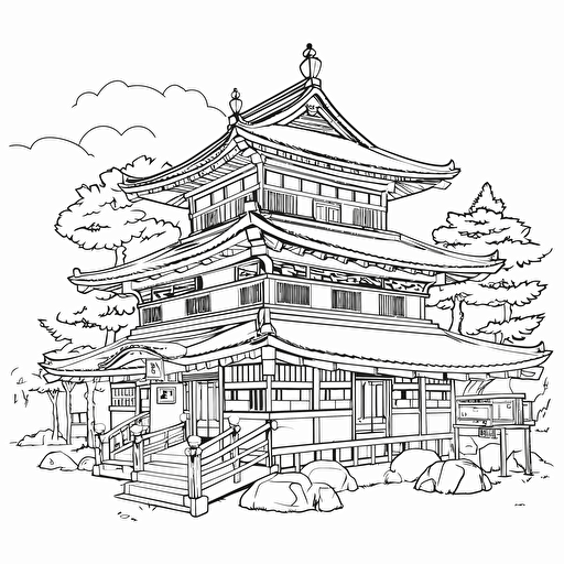 DND Fantasy. Japanese Style City. Wooden Architecture. No Shadow. Cartoon. Coloring page. Vector. Simple.