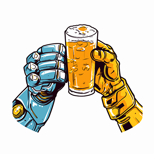 arm of a robot cheers beer with arm of a man, cartoon graffiti, vector, no background
