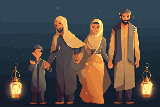A low income family, flat style illustration for Eid in Pakistan, flat design vector, industrial, light and magical, high resolution, engineering/ construction and design, colored cartoon style, light indigo and light gold, cad( computer aided design)
