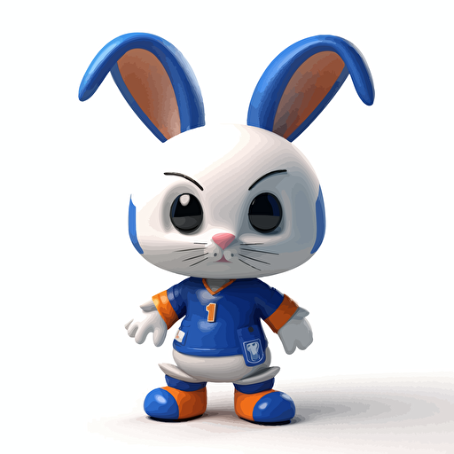 a vector picture in Unreal Engine of a rabbit funko pop dressed in Chelsea soccer colors clothes, white background for a clean, minimalist design