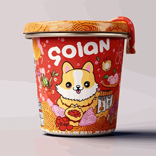 a japanese Instant noodles packaging design with happy chibi corgi anime mascot and color labels, with bowl of chicken noodles, vibrant colors, vivid colorful, cute, adorable, intricately