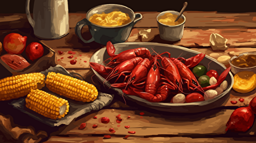a crawfish boil spreaded out on a table, crawfish, corn cobs, sliced saugages, small red potatoes, vector, oil painting style