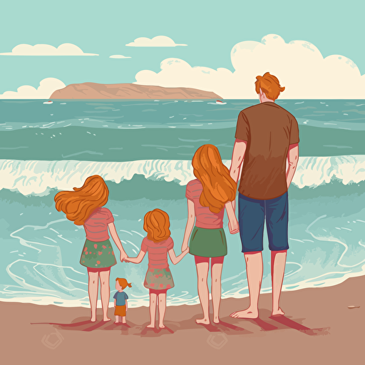 A monther with long brown hair, a father with short blond hair, a 3-year-old girl with sandy blond hair, a 3-year-old boy with black hair, and a 10 year old girl with red hair at the beach watching the ocean waves, illustration, vector, flat style