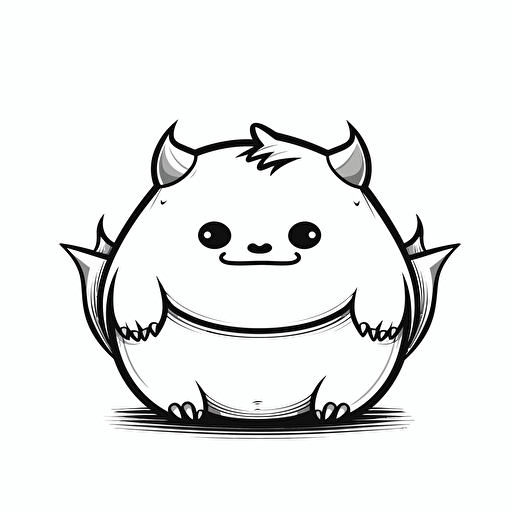 Chubby demon, looking at the camera, minimal, outline strokes only, black and white, logo, vector, white background