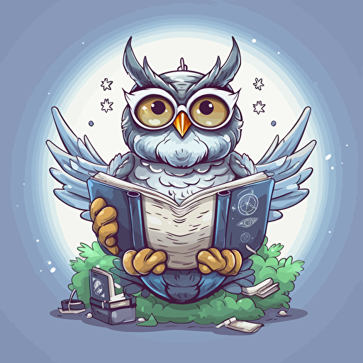 happy relax owl reading a book, vector, illustration for sticker, illustrator, vector art illustration style, grey background, high resolution,