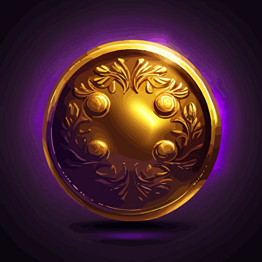 Gold coin icon. Magical glowing around. Bright and voluminous, vector. Purple background