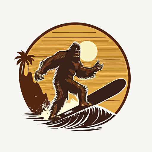 bigfoot surfing, vector logo, vector art, emblem, simple cartoon, 2d, no text, white background
