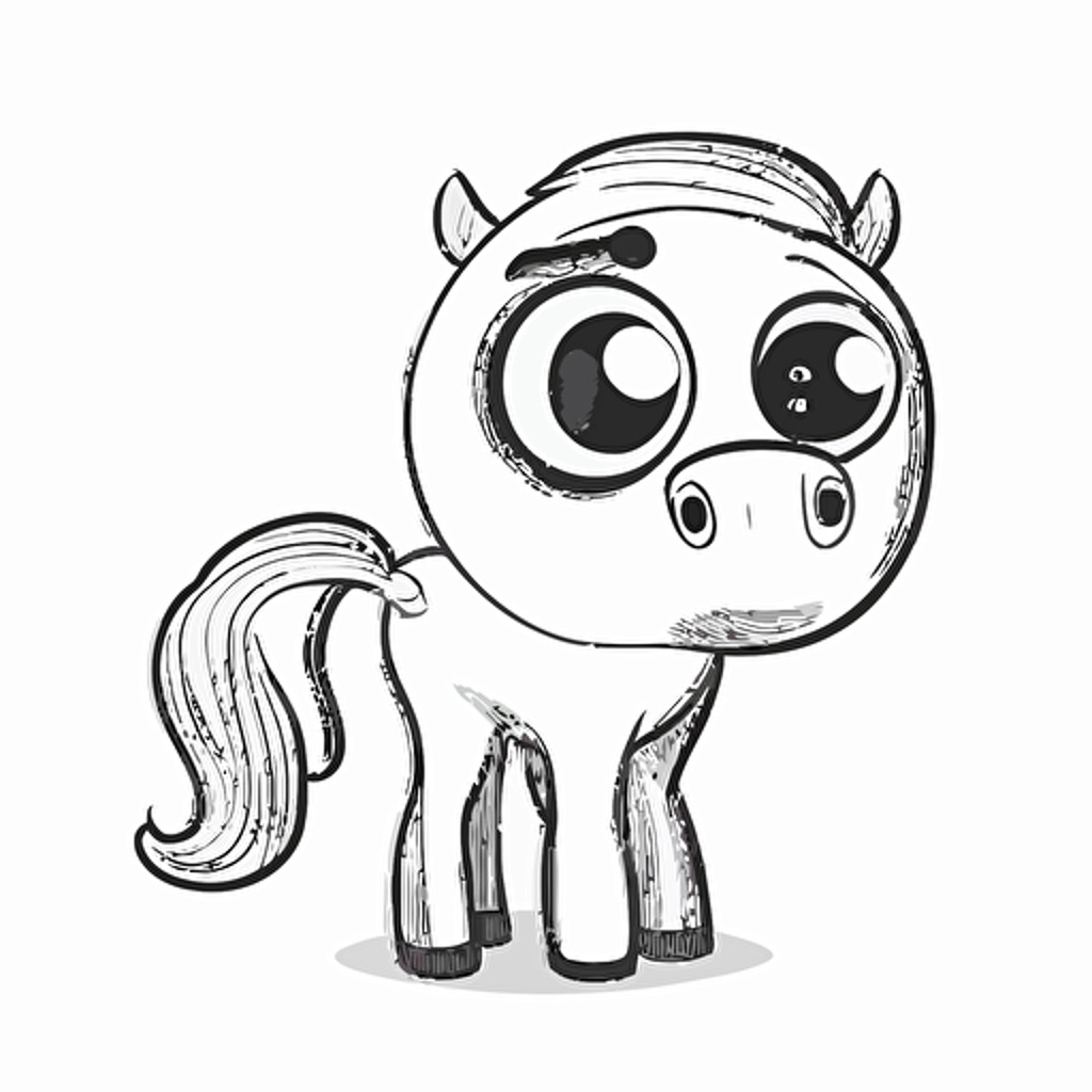 cute horse in farm, big cute eyes, pixar style, simple outline and shapes, coloring page black and white comic book flat vector, white background