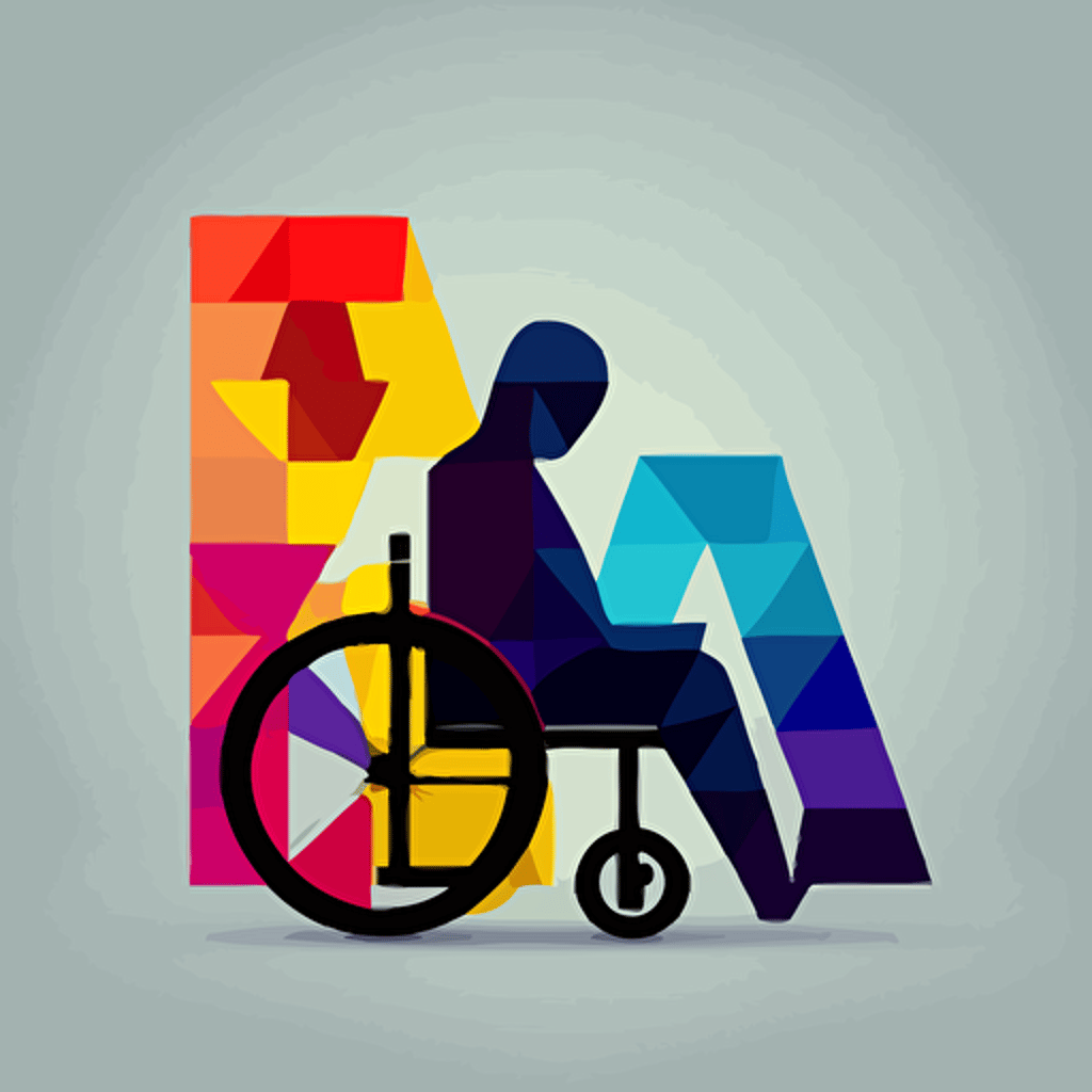 a minimalistic vector logo of a abstract silhouette of a wheelchair user and letter “A”, simple shapes, blocky, modern, artistic, 3 colours