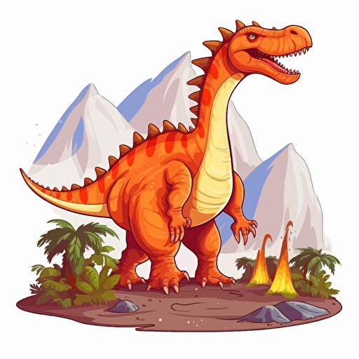 ferocious dinosaur near volcano, detailed, cartoon style, 2d clipart vector, creative and imaginative, hd, white background