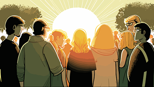 WIDE ANGLE shot perspective. Vector Art, The Sun is starting to set on a warm summer day. A SMALL GROUP of modern day Christians of all ages, have gathered casually to pray together as the sun goes down, They are attired for the summer. They are huddled together, praying arm in arm with their heads bowed, facing the beautiful sun as it begins to set on the distant horizon. Soft, richly colored image