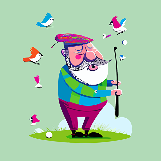 Playful, brightly coloured, caricature, cartoon style, vector, solid colour, old scottish man with beard and golf hat shooting at birds