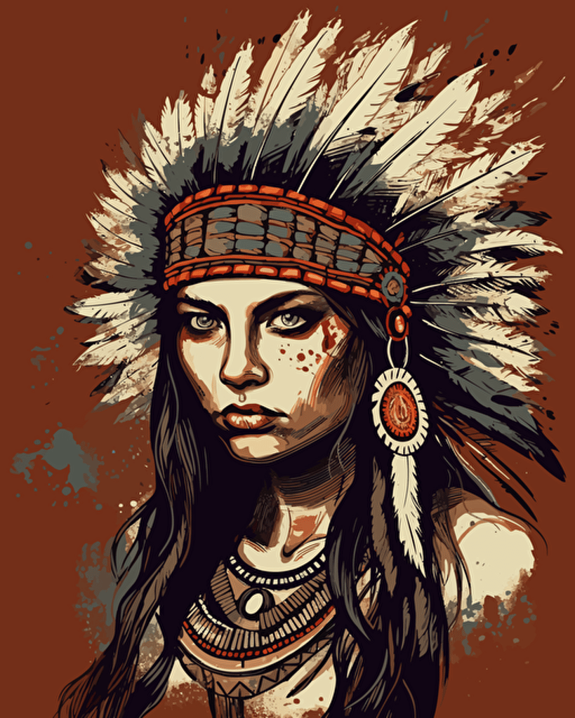 Art style, beautiful native american girl with a chief headress, logo vector