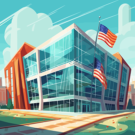 vector art of a futuristic school building with an american flag, the building has lots of large glass window, it's a beautiful sunny day