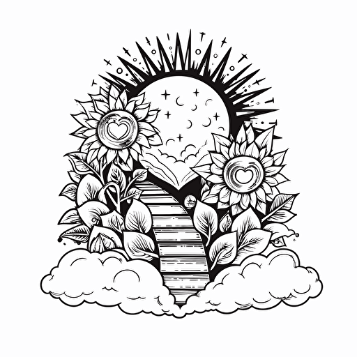 a heart vector in black outline, combined with the phrase "step into the sun", the heart combined with a sun, all in cartoon, minimalistic illustration, in black and white vector, sticker