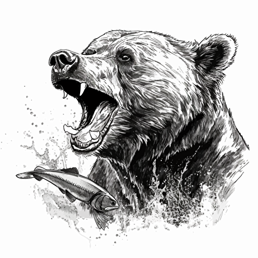 Grizzly bear with a fish in his mouth, close up, black and white illustration, vector style