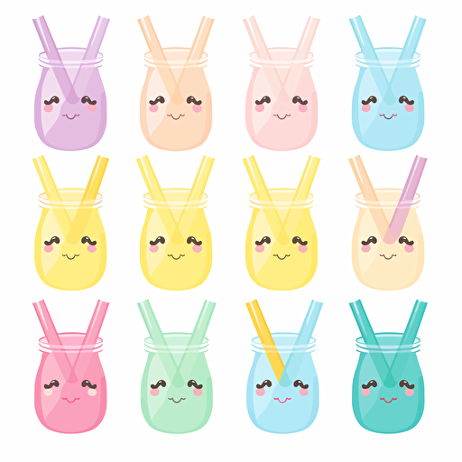 Kawaii straw cute, flat, 2D, vector, 16 colors, white background, in anime chibi style