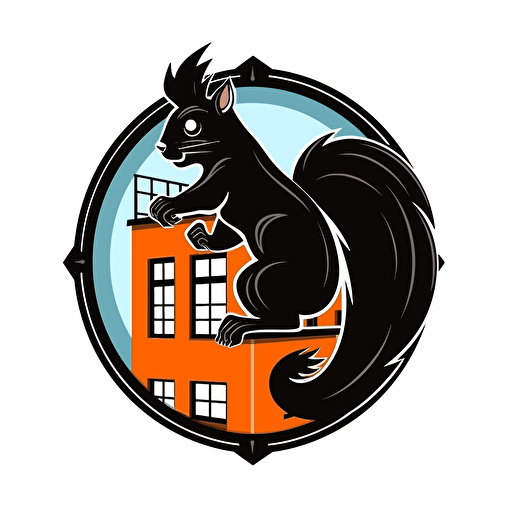 black squirrel climbing a building, cartoon, vector, logo, white background, clipart style,