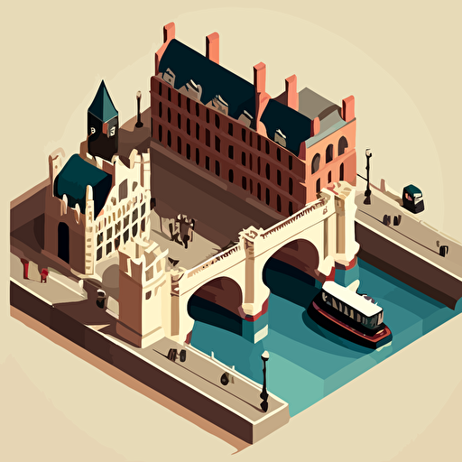old london bridge in 1900 aerial view, isometric perspective, vectorial style, limited color palette