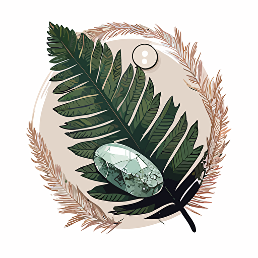 a simple vector image of a gemstone surrounded by a fern leaf and a feather