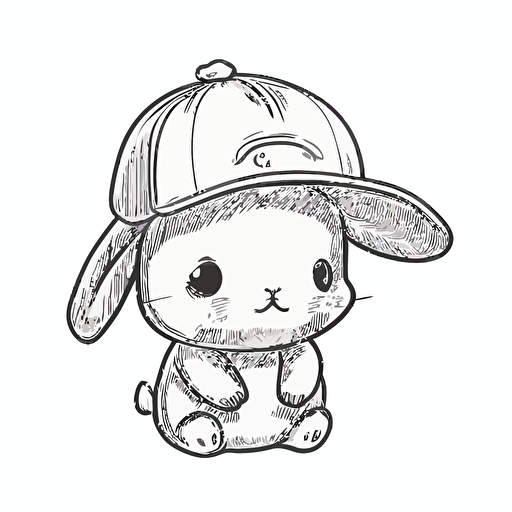cute, happy bunny wearing a baseball hat, contour, vector, white background, clipart