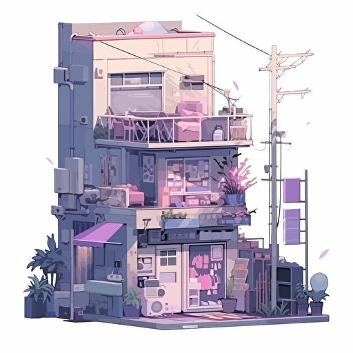 Vector illustration of an apartment building, Aesthetics clean and minimalist, with purple and pink color scheme