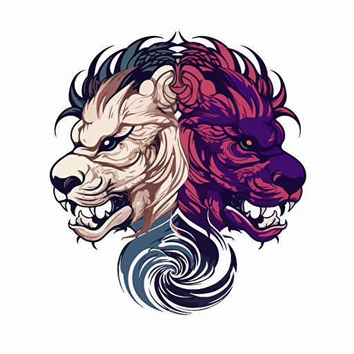a boho logo of a Chinese dragon next to a Chinese lion, 2d, vector, white, black, and purple, white background