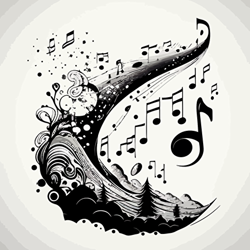 BLACK AND WHITE HAND DRAWN MUSIC NOTES WITH YING YANGS VECTOR DOODLE