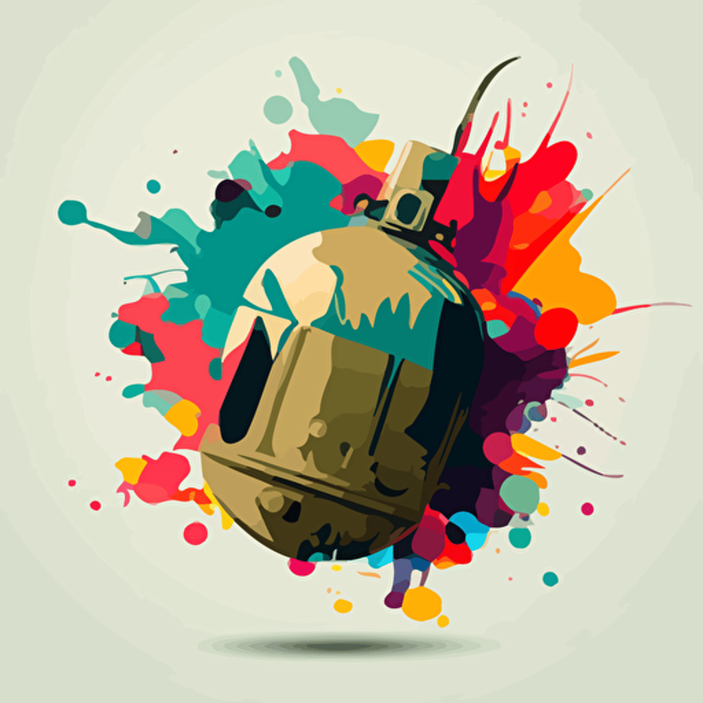 digital grenade with explosion of color coming from the top right of the grenade, retro military grenade, vector, minimalist