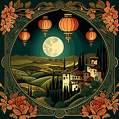 full moon over Tuscan style countryside and the corners of artwork covered fully with chinese lanternview corner covered fully with chinese lanterns formed only by italian renaissance patterns in vector art style