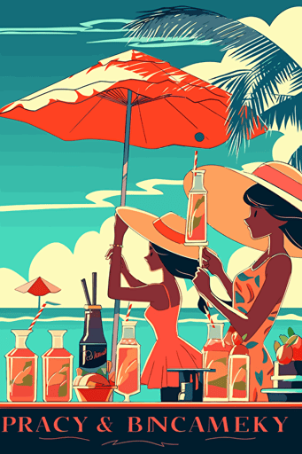 1970's advertisement long drinks, summer, beach party, art deco, vector, minimalistic,