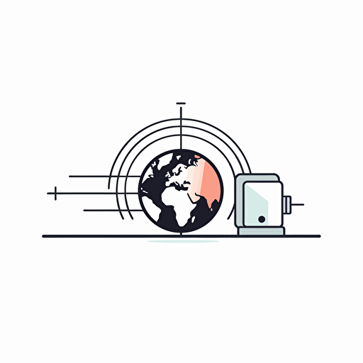 vector art, flat design, black and white, white background, a straight line of wires connecting a computer to a globe in a straight line