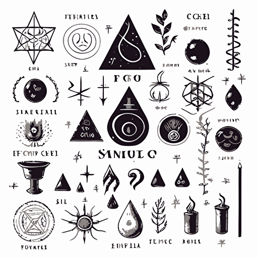 mystical alchemy symbols, hand drawn vector, white background, minimalist