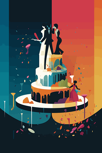 vector illustration of a wedding cake with the bride and groom toppers falling off the top, bright colors, illustrated