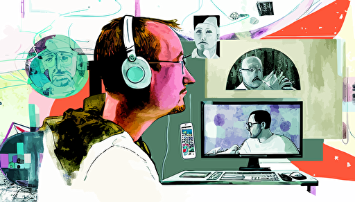 mixed media collage of user-testing, slightly arty, white space, vectorize, flat colour