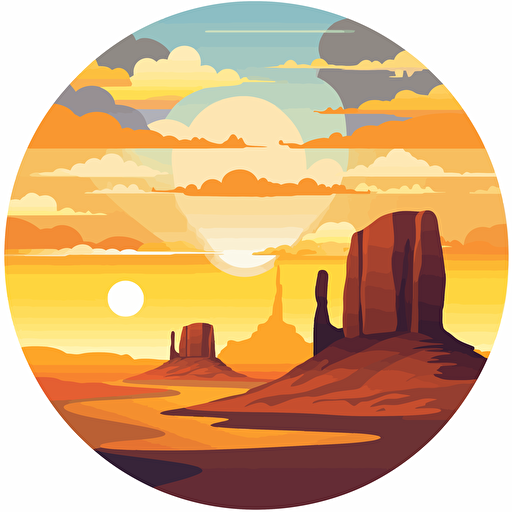monument valley national park, vector art, circular design, white background, sunset, partly cloudy day, golden clouds, arizona