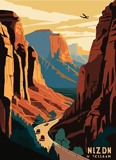 Zion Canyon from Angels Landing at sunset, travel poster, Vector flat illustration