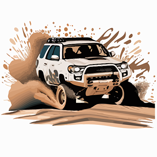 driving forward, no background, simple art, front view of a white Toyota 4Runner, 5th generation 4runner, illustration type, clean, vector image, big wheels, lifted truck, wheels spinning, dirt being thrown from tires, dirt, off road, 4 wheeling, 4x4