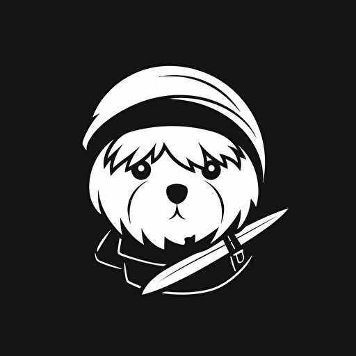 a minimal, black and white vector logo of a Coton de Tulear who is a ninja