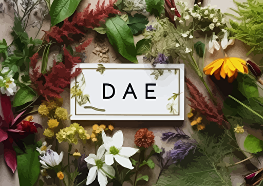 A white rectangle with a name surrounded by botanicals and flowers, vector flat, PNG, SVG, vector illustration