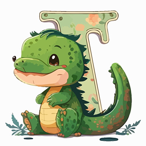 sticker flat vector art,2D chibi, baby alligator sitting on the letter A,cute,colorful disney-inspired