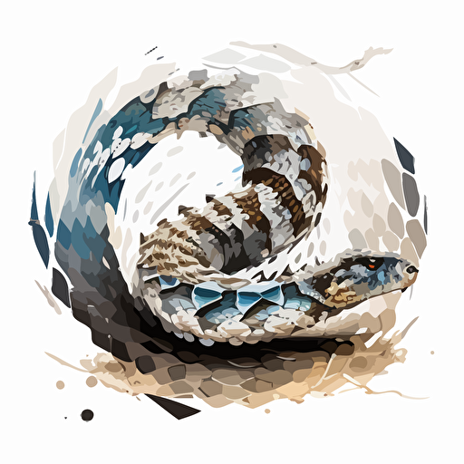 vector art of a coiled diamondback rattlesnake showing its tail ready to strike terrifying snake, white blue harsh contrast lighting circle frame white background