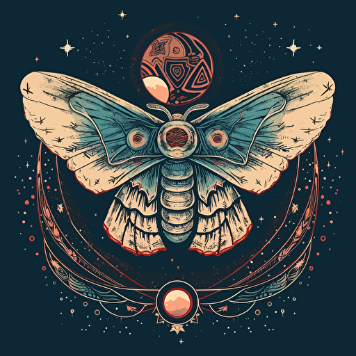 a beautiful moth with a surrounding stars and moons design in detailed drawing style + simple vector + bright colors on a white background
