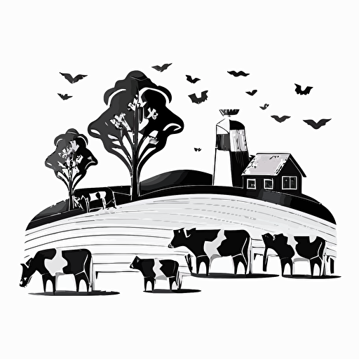 rolling feilds farm with cows in style of charles williams, black and white, flat, vector, line drawling, white background ar 1:1